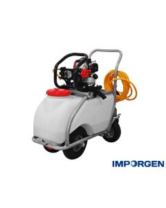  Carro 50 lt.c/motor 2T, pistola y manguera, ideal para pulverización en cualquier área debido a su capacidad y dimensiones.
