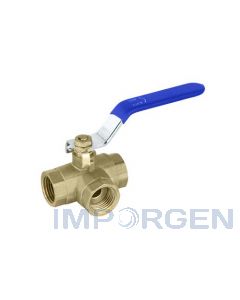 Válvula de bola 3 vías 1/2" Hi-Hi-Hi de bronce, ideal para uso agrícola y doméstico.